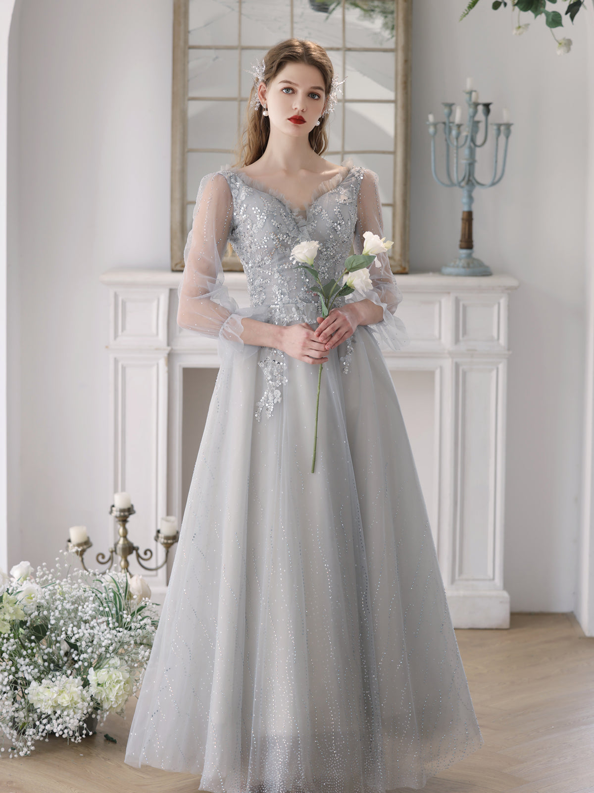 Light Grey Tulle V-neckline Beaded Long Party Dress, Grey Tulle Prom D Cutedressy Light Grey Tulle V-neckline Beaded Long Party Dress, Grey Tulle Prom D Cutedressy