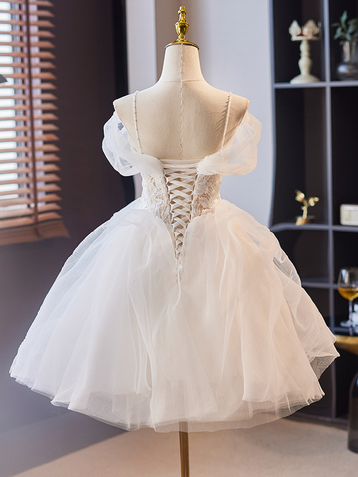 White Tulle Short Party Dress with Lace, White Straps Short Prom Dress White Tulle Short Party Dress with Lace, White Straps Short Prom Dress