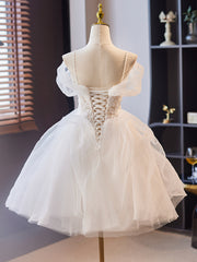 White Tulle Short Party Dress with Lace, White Straps Short Prom Dress