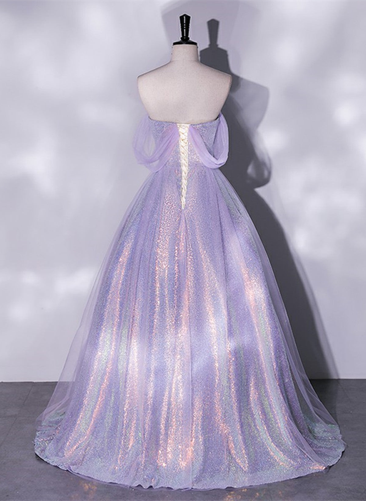 lavender party dress Tulle A-line Beaded Long Prom Dresses Dresses With Slit US4 / Custom Color the top is see through effect 10 Lovely Off Shoulder Lavender Long