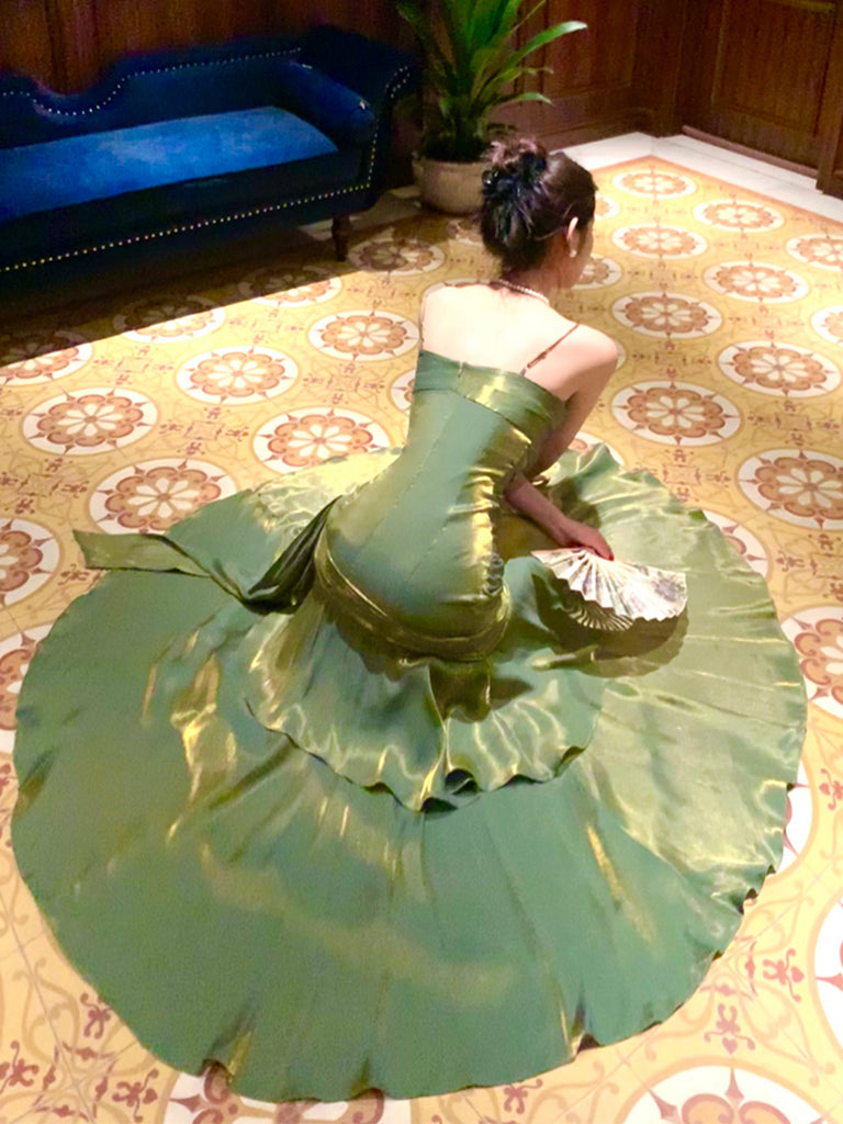 Green Halter Backless Mermaid Satin Long Party Dress,DP1877