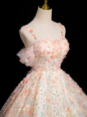 Lovely Lace Straps Pink Flowers Sweetheart Party Dress, Pink Off Shoulder Prom Dress