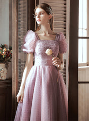 Light Purple Tulle Long Formal Dress, A-line Tulle Short Sleeves Prom Dress