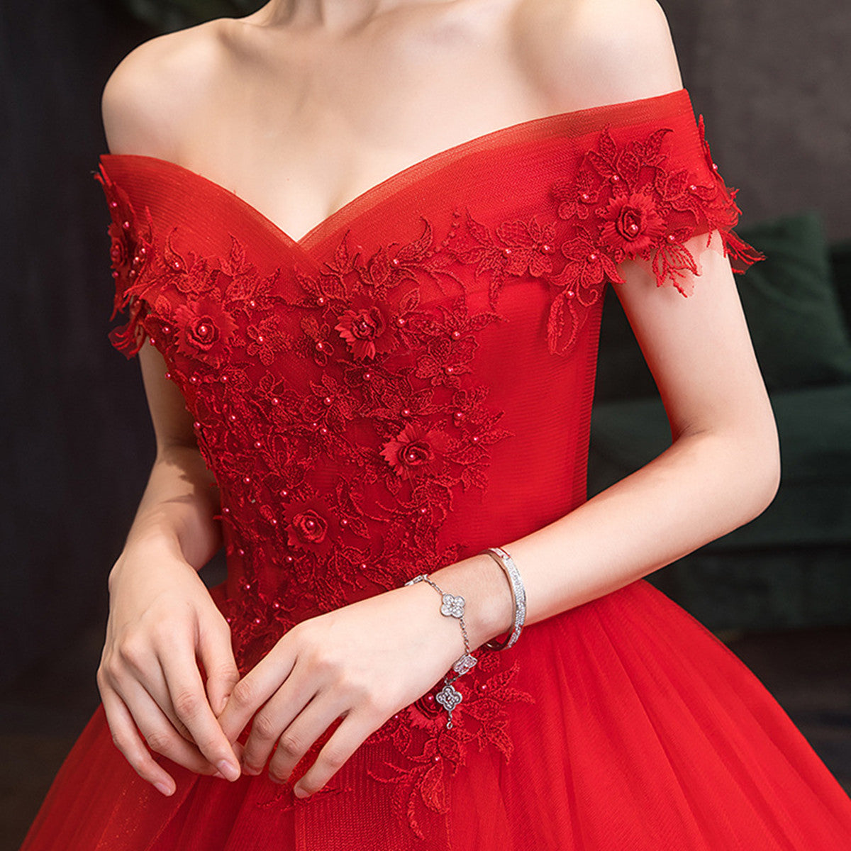 Red Tulle Ball Gown with Lace Sweetheart Long Formal Dress, Red Tulle Evening Dress