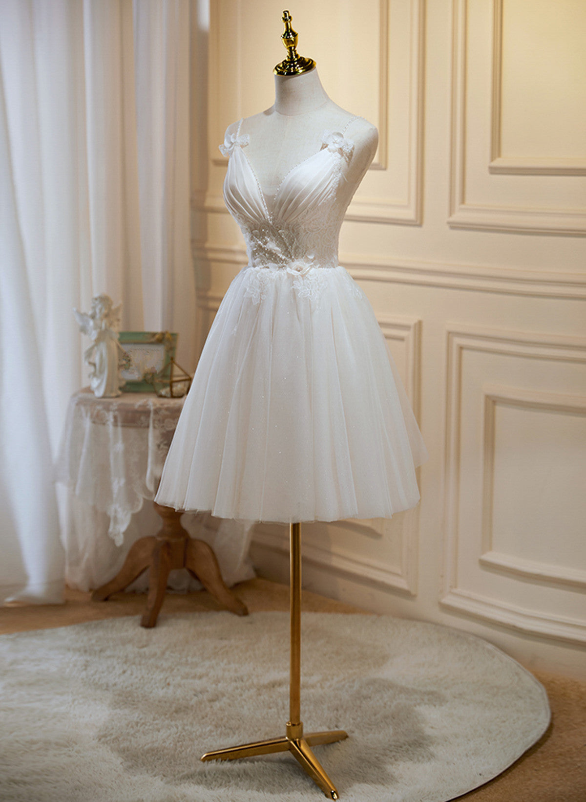 Cute Ivory Tulle V-neckline Short Party Dress, A-line Graduation Dress Prom Dress