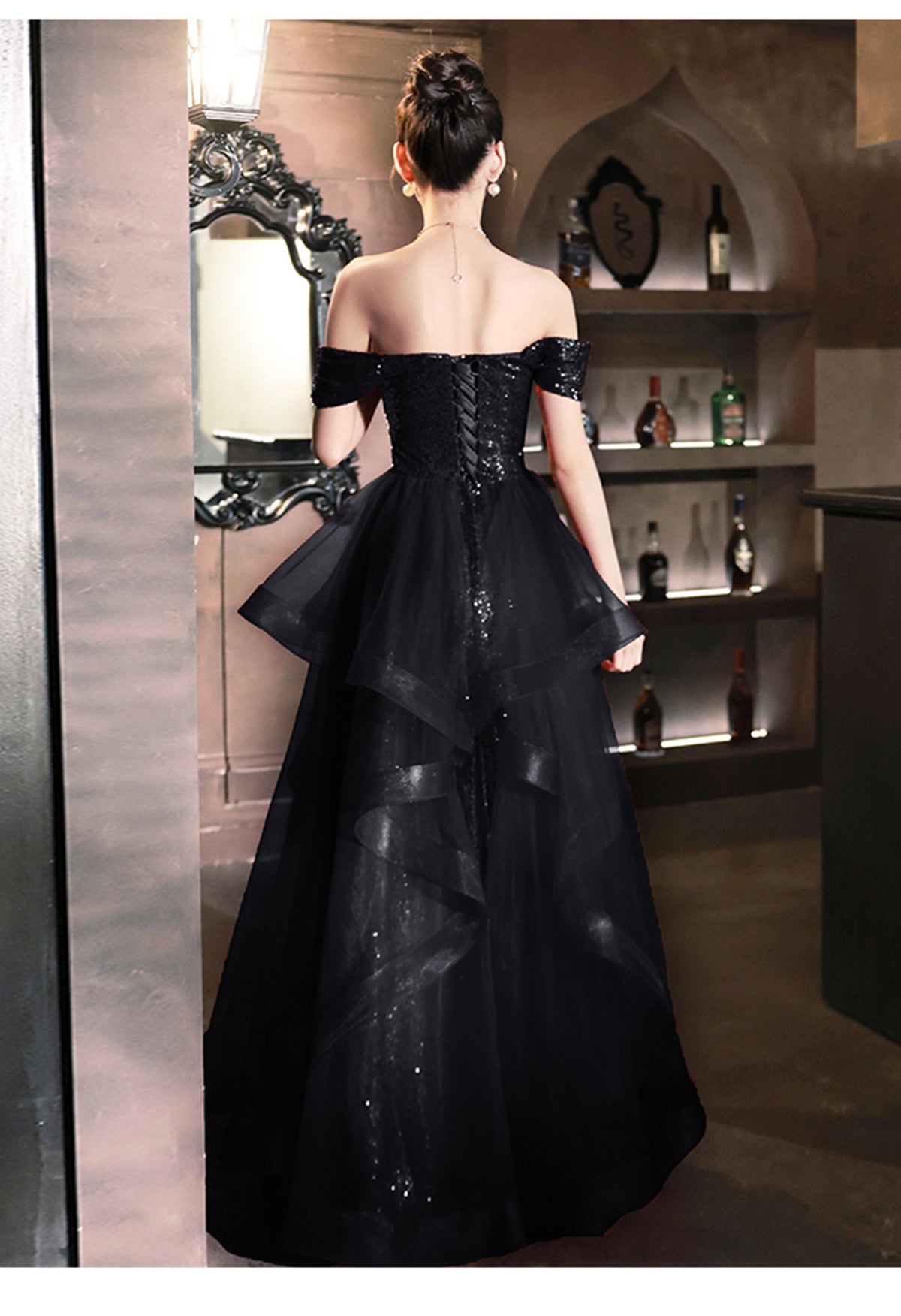A-line Tulle Black Off Shoulder Long Evening Dress, Black Sequins Prom Cutedressy A-line Tulle Black Off Shoulder Long Evening Dress, Black Sequins Prom Cutedressy