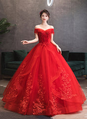 Red Tulle Ball Gown with Lace Sweetheart Long Formal Dress, Red Tulle Evening Dress