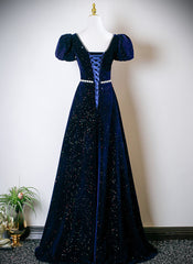 A-line Navy Blue Velvet Short Sleeves Long Prom Dress, Navy Blue Floor Wedding Party Dress