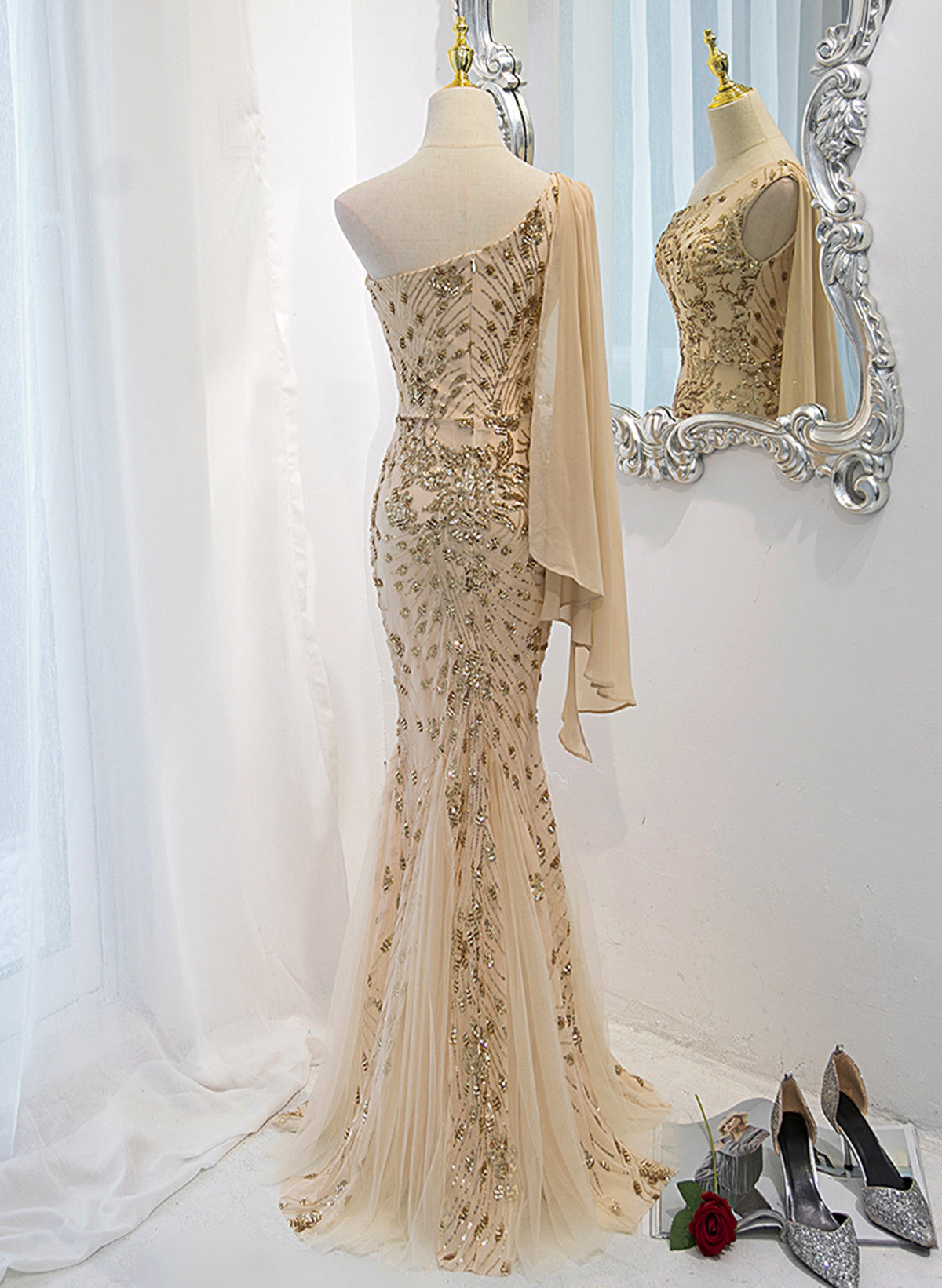 Champagne Mermaid Long Party Dress, Champagne Sequins Prom Dress