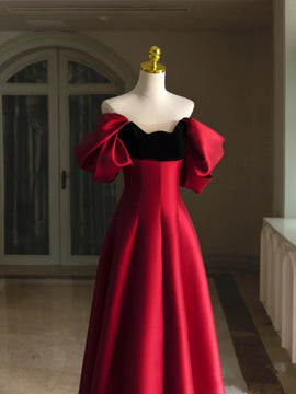 Wine Red A-line Floor Length Satin Prom Dress Evening Dress, Wine Red Satin Formal Dress