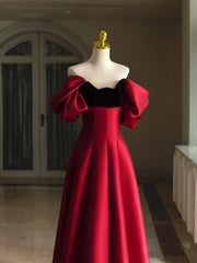 Wine Red A-line Floor Length Satin Prom Dress Evening Dress, Wine Red Satin Formal Dress