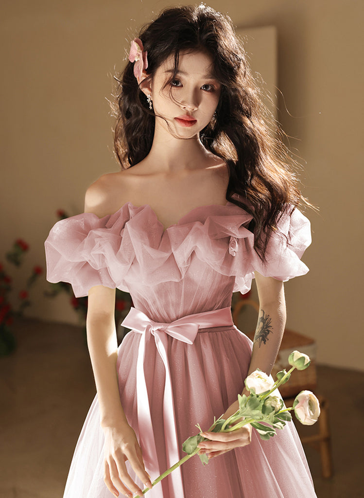 Beautiful Light Pink Tulle Party Gown, Off Shoulder Evening Dress