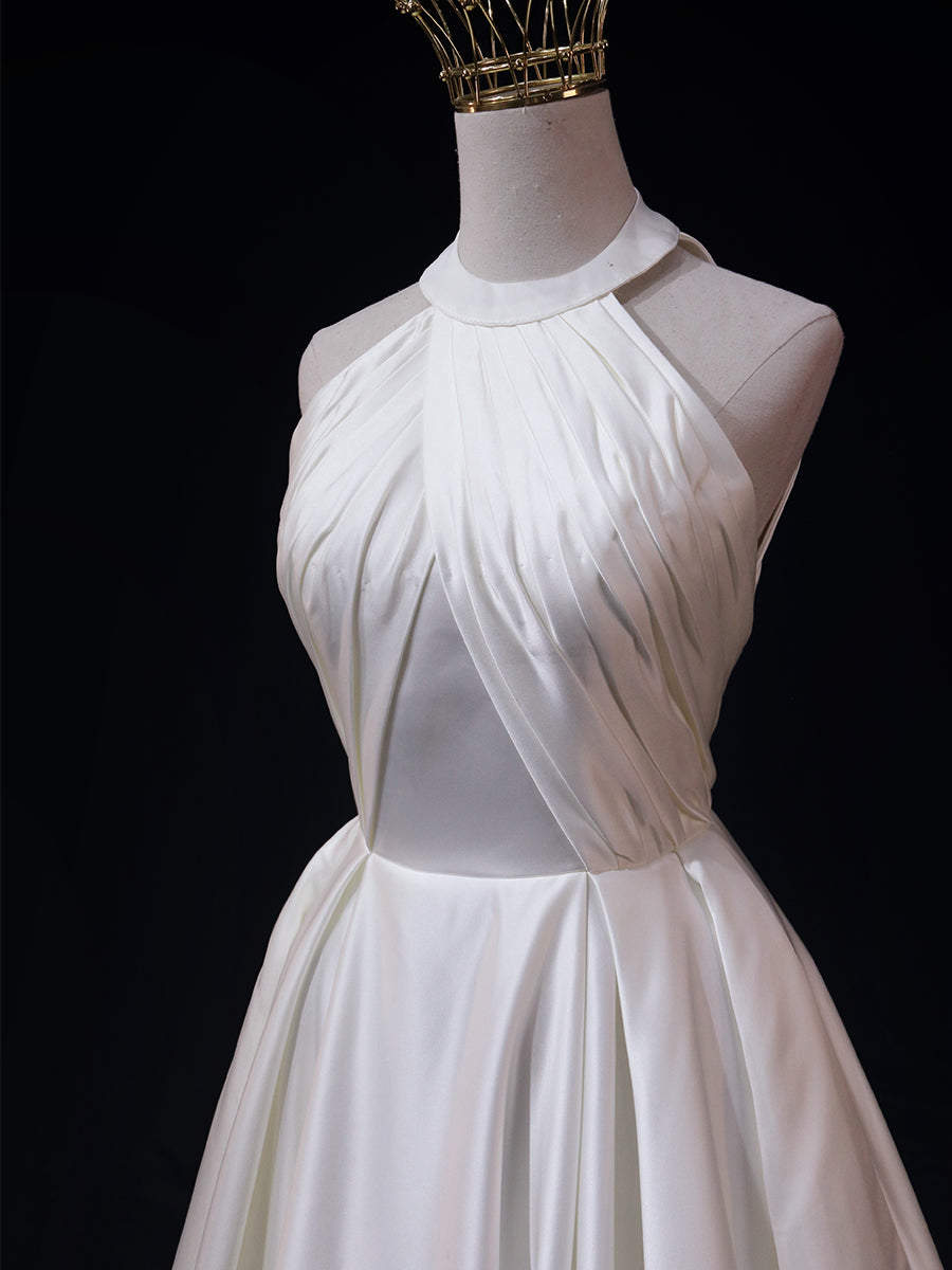 White Halter Simple Satin Backless Long Weddign Party Dress, White Long Formal Dress