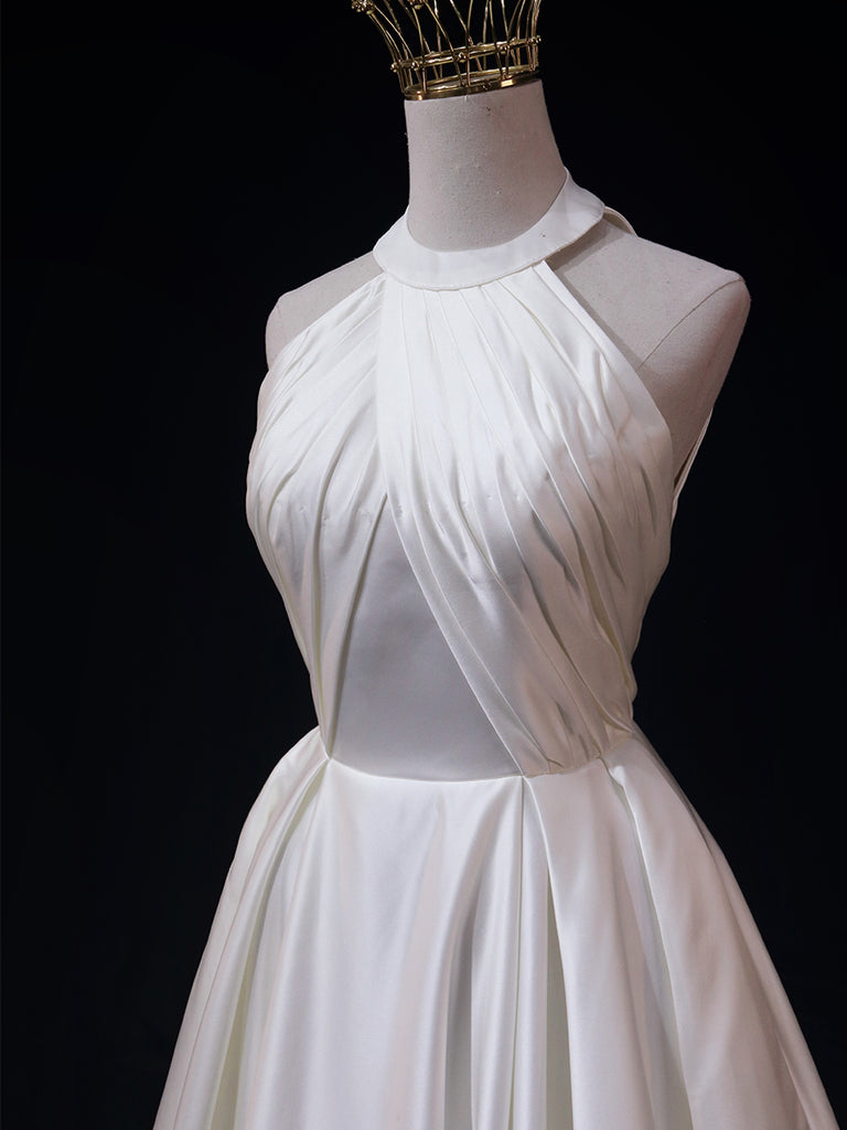 Sexy Halter Satin Pleated Chiffon White Long Prom Dress Evening Dress SP605 main image 0