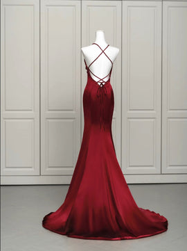 Wine Red Mermaid Backless Long Evening Dress, Wine Red Long Prom Dress