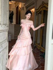 Elegant Pink Off-the-Shoulder Satin Evening Gown，Tiered Ruffle Prom Dress