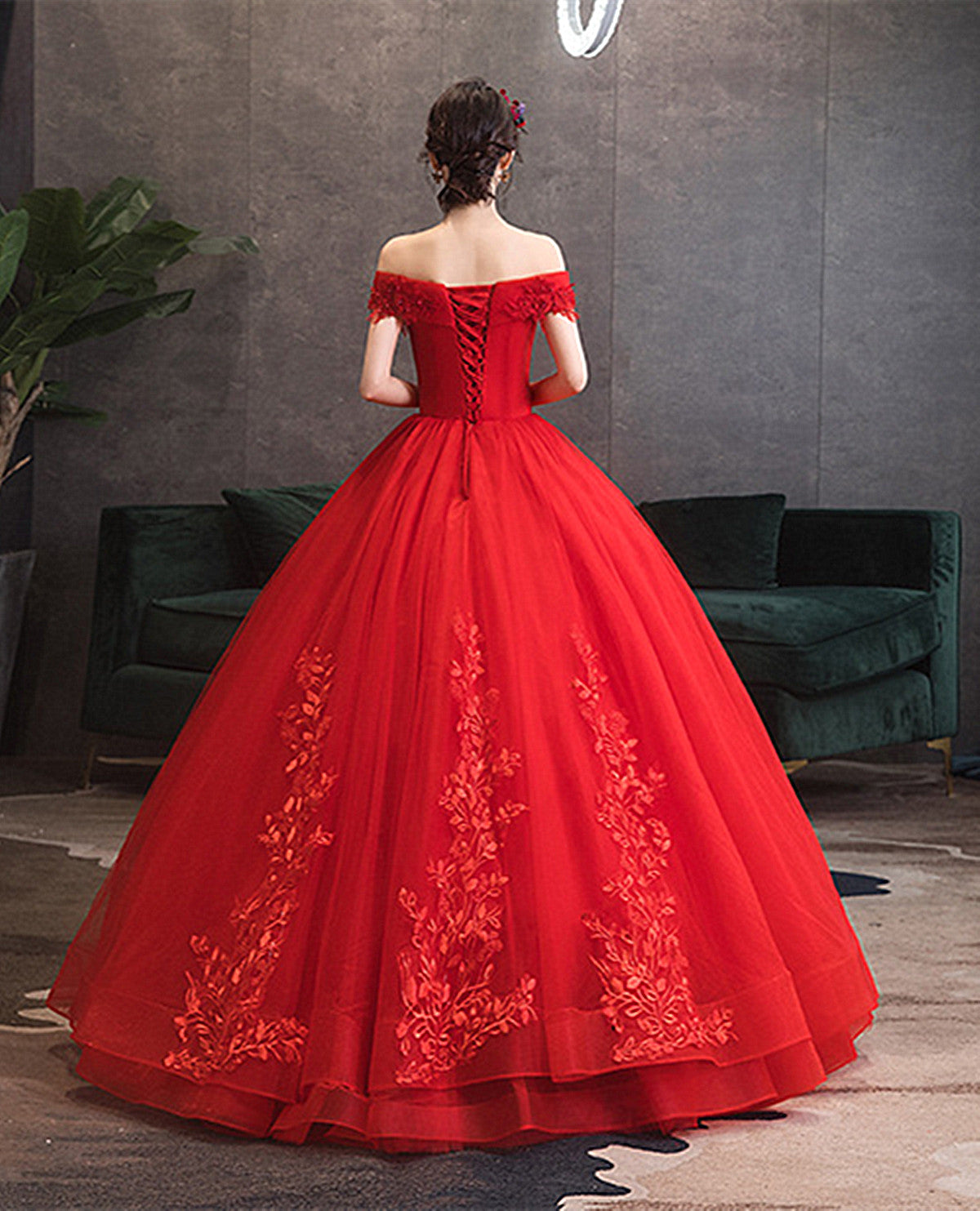 Red Tulle Ball Gown with Lace Sweetheart Long Formal Dress, Red Tulle Evening Dress