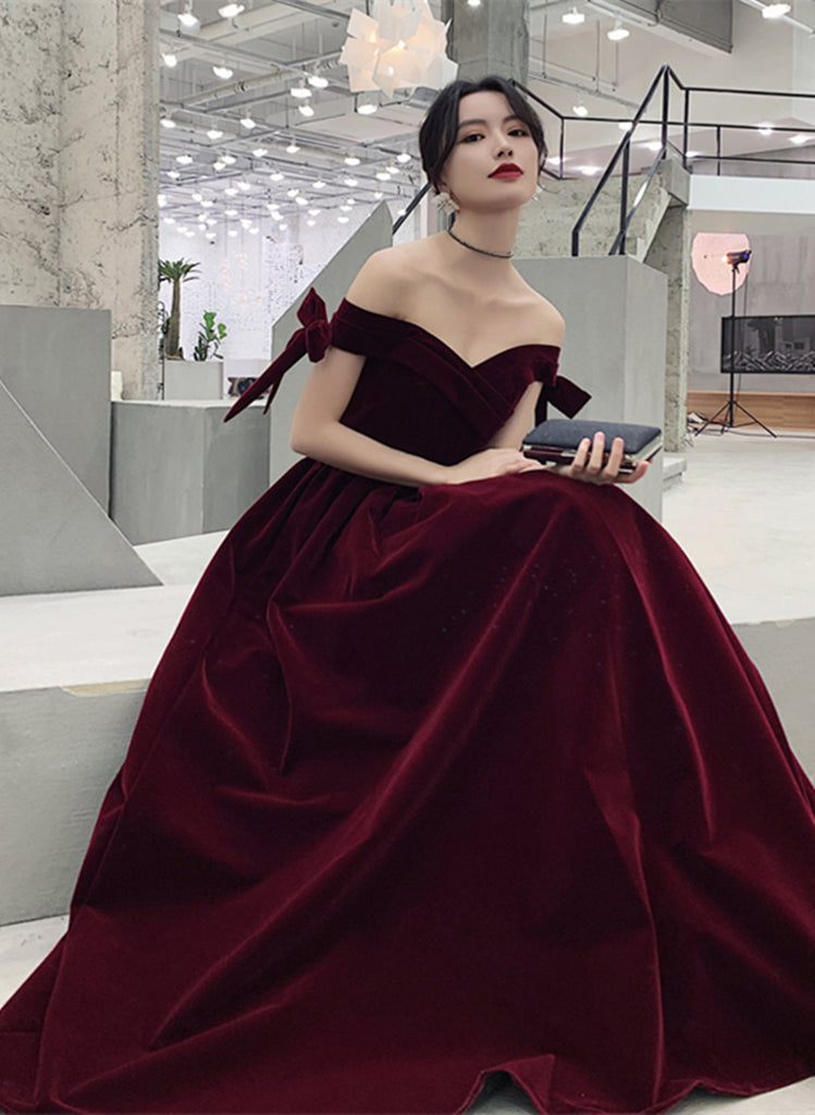 Wine Red Velvet Off Shoulder Party Dress, A-line Velvet Bridesmaid Dre