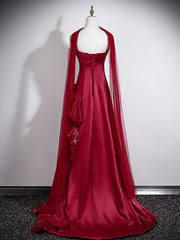 Elegant Strapless Wine Red Evening Gown with Organza Skirt, Wine Red Satin A-line Prom Dress