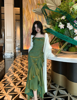 Green Satin Straps Long Evening Dress Prom Dress, Green Satin Scoop Evening Dress