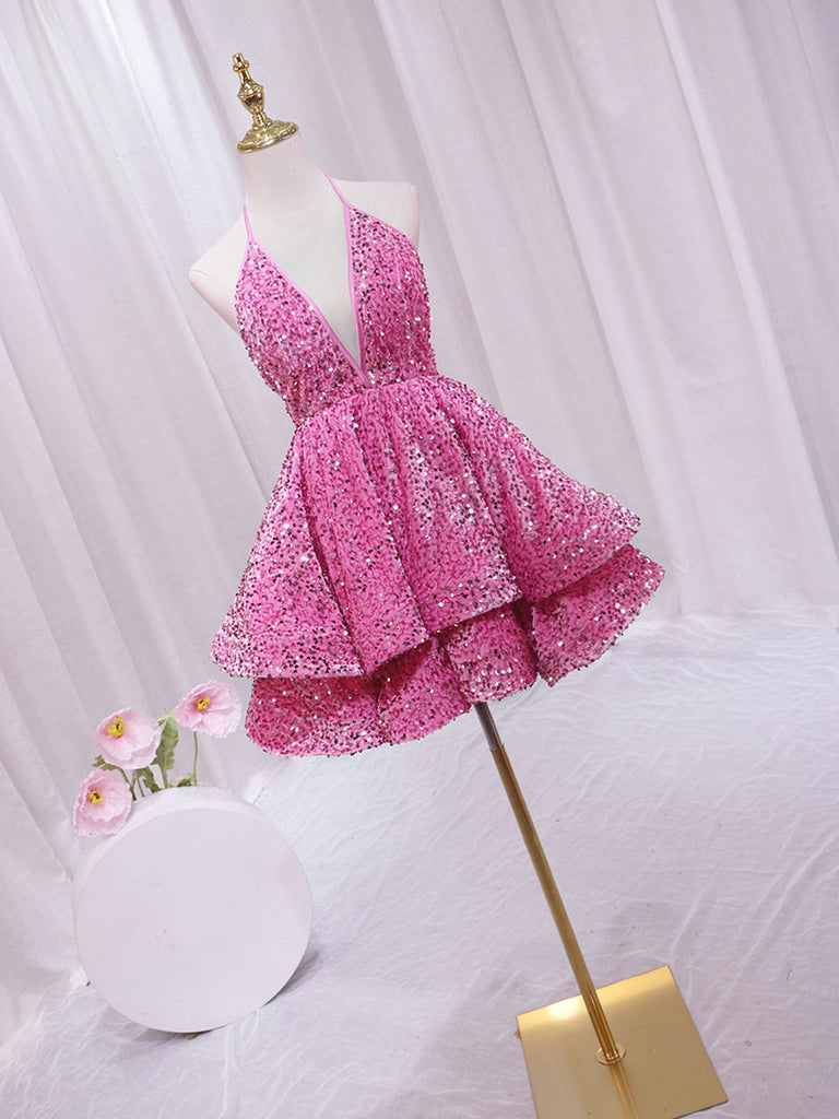 Sequin Pink Two-Piece Strapless Short Evening Dress for Homecoming main image 1