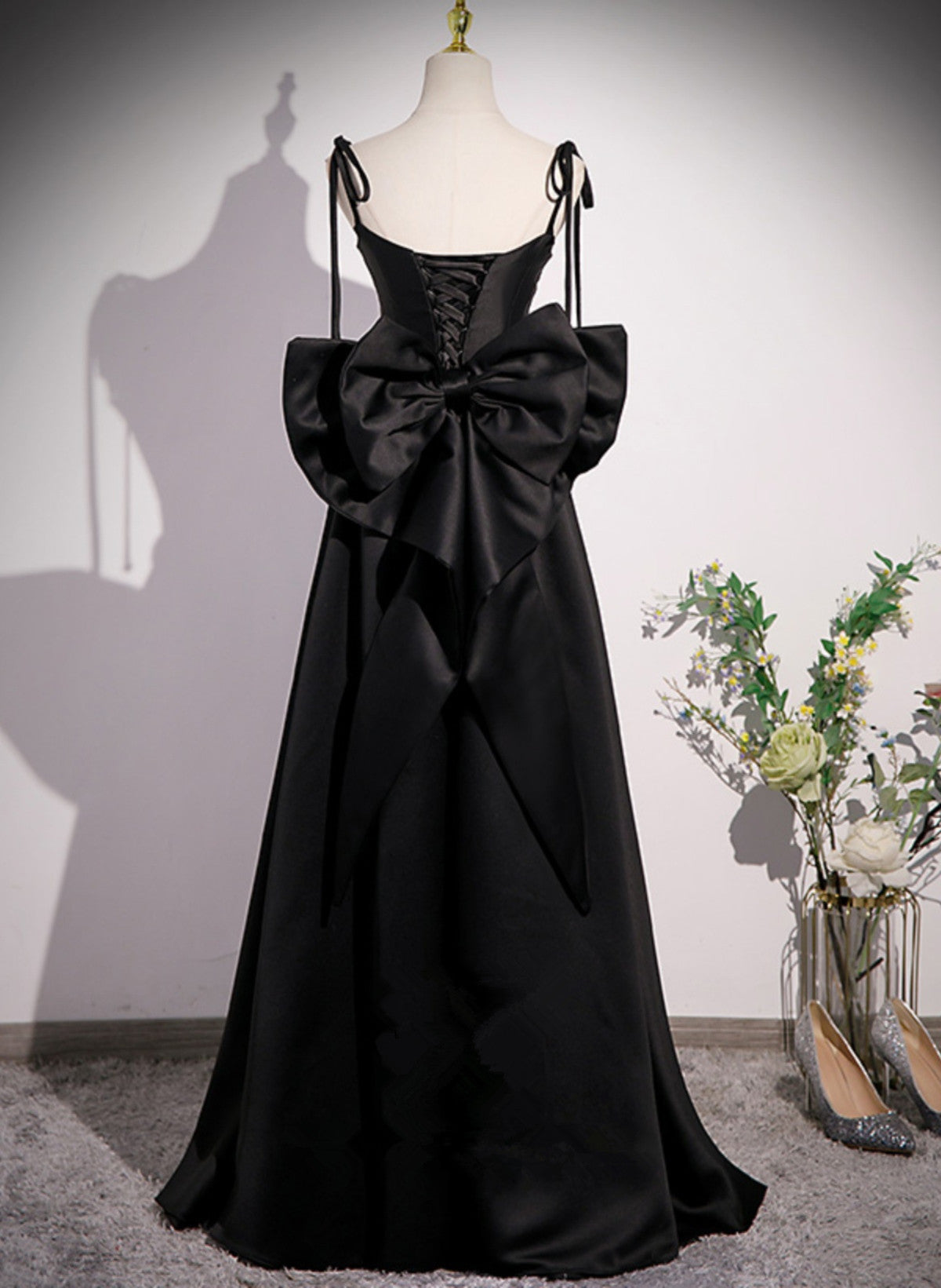 Black Satin A-line Floor Length Prom Dress, Black Satin Long Evening Dress