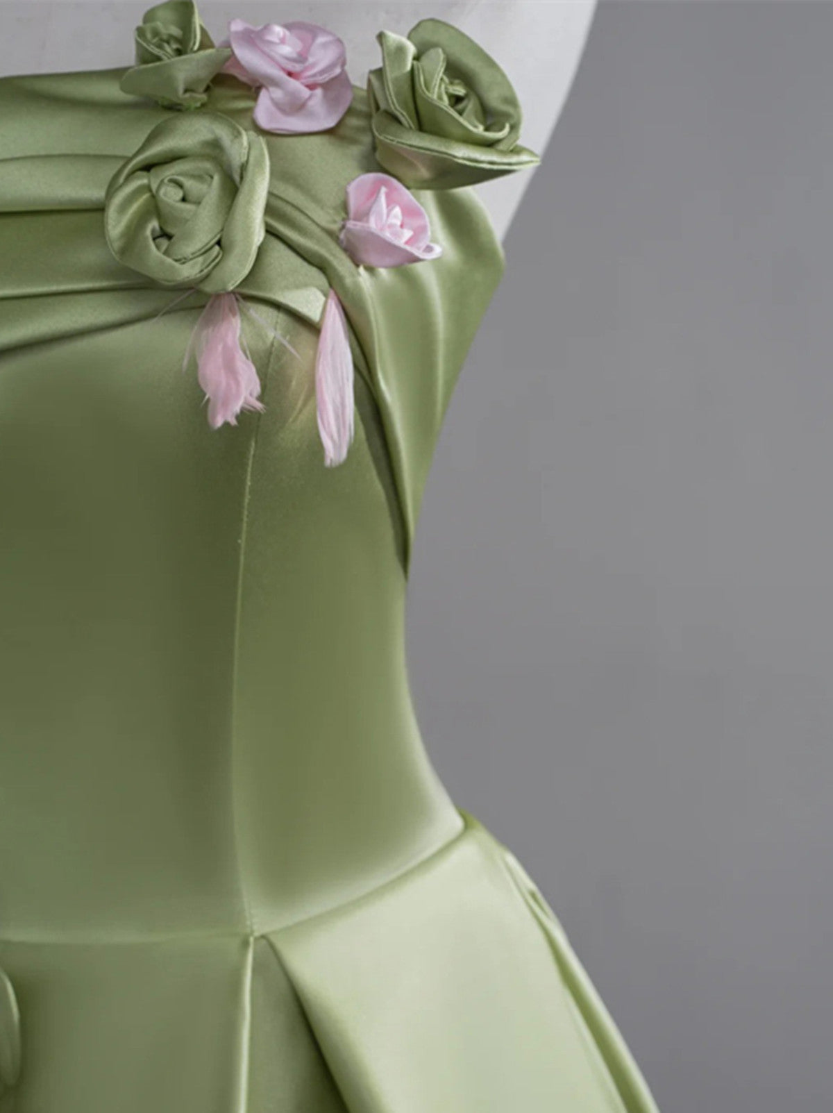 Green Satin A-line Party Dress with Flowers, Green Long Prom Dress Cutedressy Green Satin A-line Party Dress with Flowers, Green Long Prom Dress Cutedressy