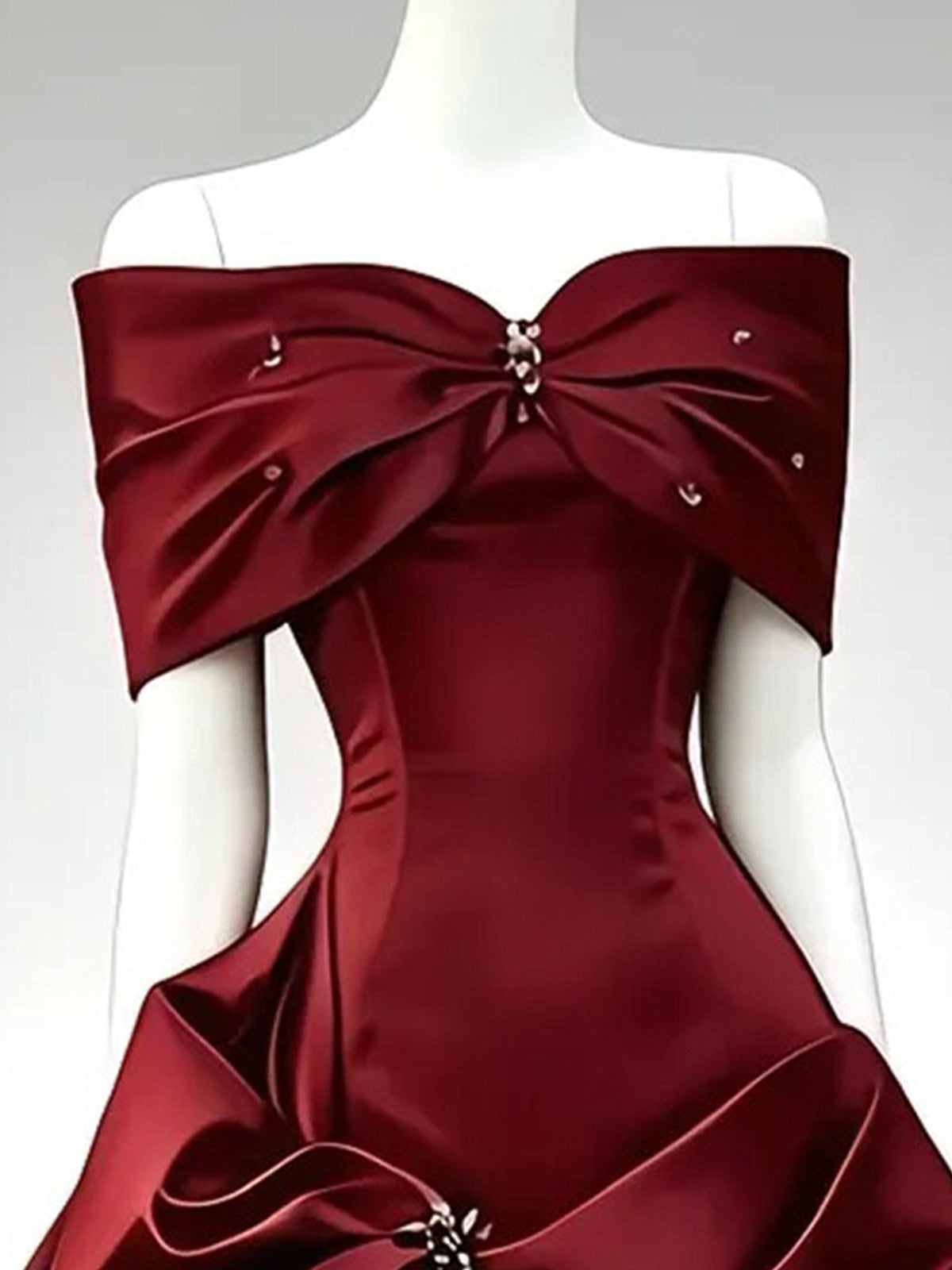 Wine Red Satin Off Shoulder Beaded Prom Dress, Wine Red BalL Gown Evening Party Dress