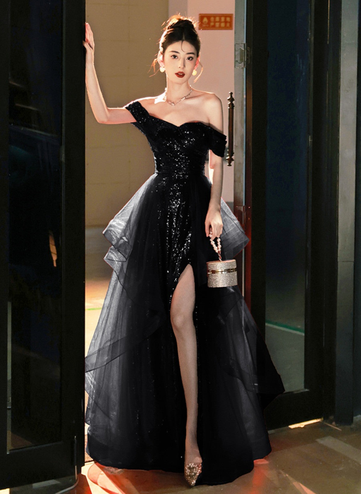 A-line Tulle Black Off Shoulder Long Evening Dress, Black Sequins Prom Dress