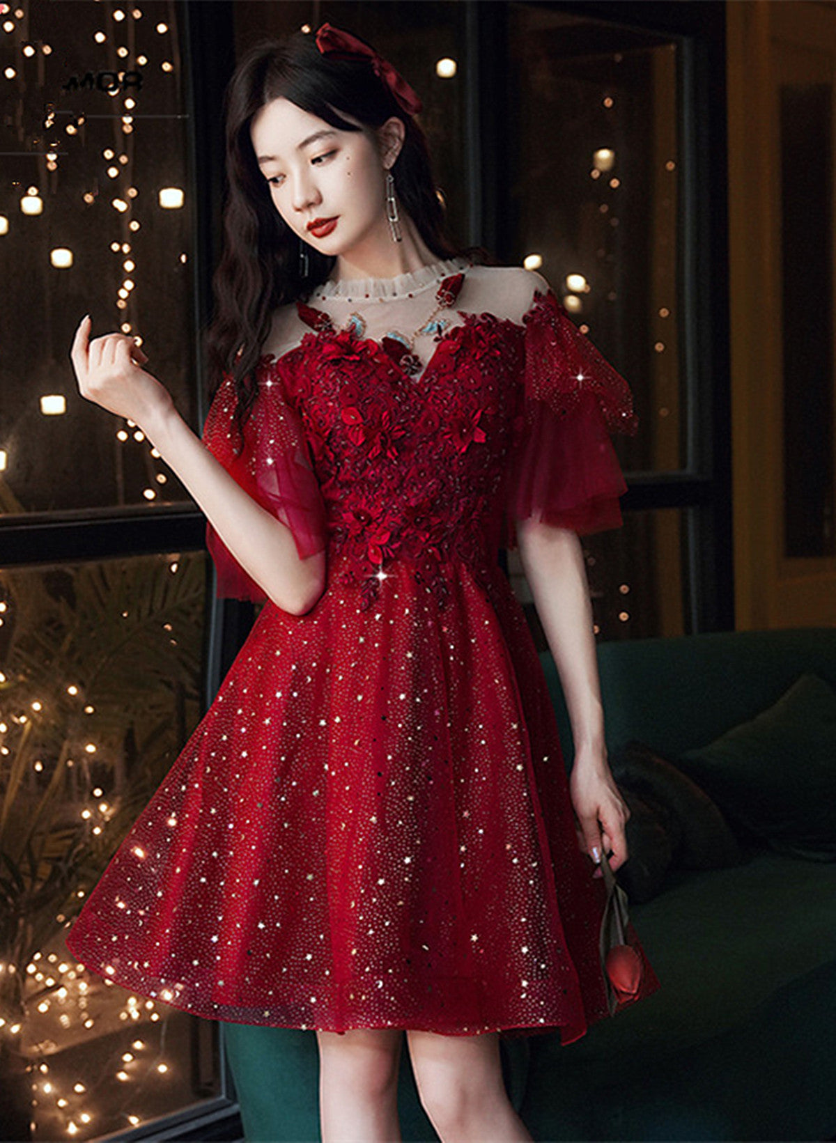 Wine Red Tulle with Lace High Neckline Homecoming Dress, Wine Red Short Prom Dress Wine Red Tulle with Lace High Neckline Homecoming Dress, Wine Red Short Prom Dress