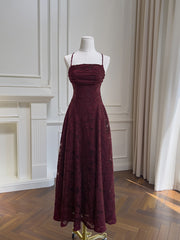 Wine Red Lace Cross Back Party Dress Prom Dress, Wine Red A-line Evening Dress