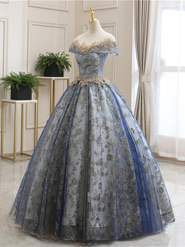 Charming Blue Tulle with Lace Cap Sleeves Party Dress, Tulle Ball Gown Sweet 16 Dress