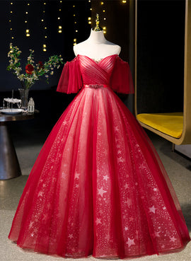 Red Off Shoulder Tulle Long Formal Dress, Red Sweetheart Ball Gown Sweet 16 Dress