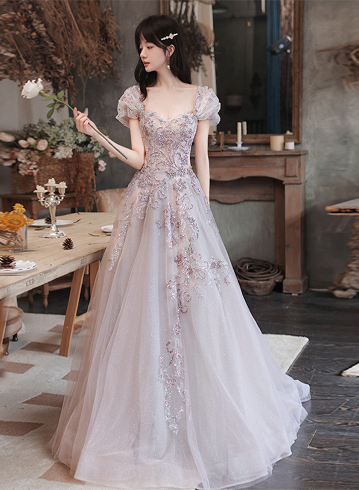 Lovely Tulle Short Sleeves Long A-line Party Dress, Tulle Evening Dres ...