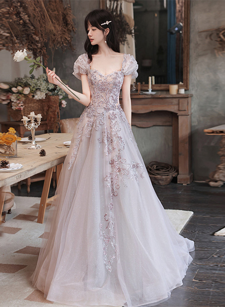 Lovely Tulle Short Sleeves Long A-line Party Dress, Tulle Evening Dres
