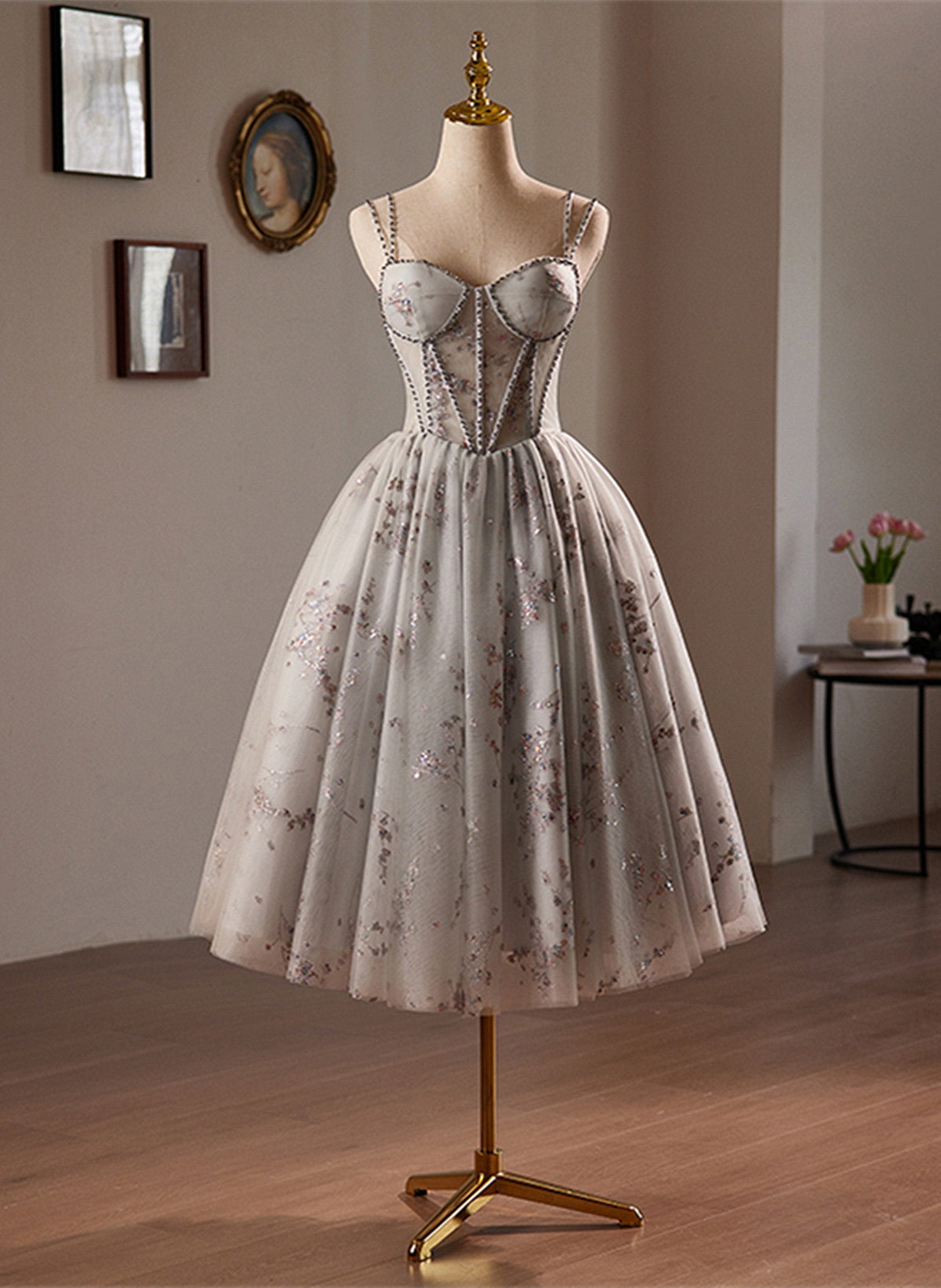 A-line Grey Knee Length Beaded Homecoming Dress, Grey Tulle Short Prom Cutedressy A-line Grey Knee Length Beaded Homecoming Dress, Grey Tulle Short Prom Cutedressy