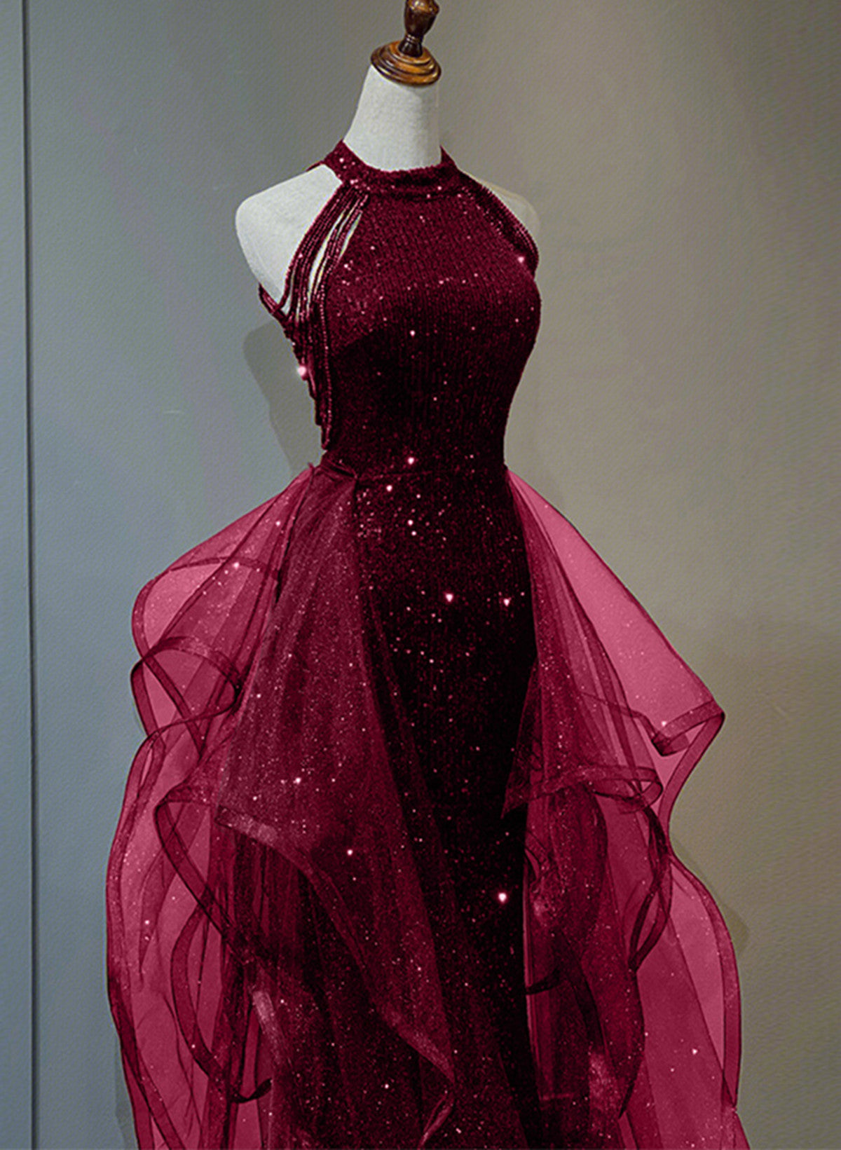 Wine Red Sequins with Tulle Long Party Dress, Wine Red Halter Evening Dress