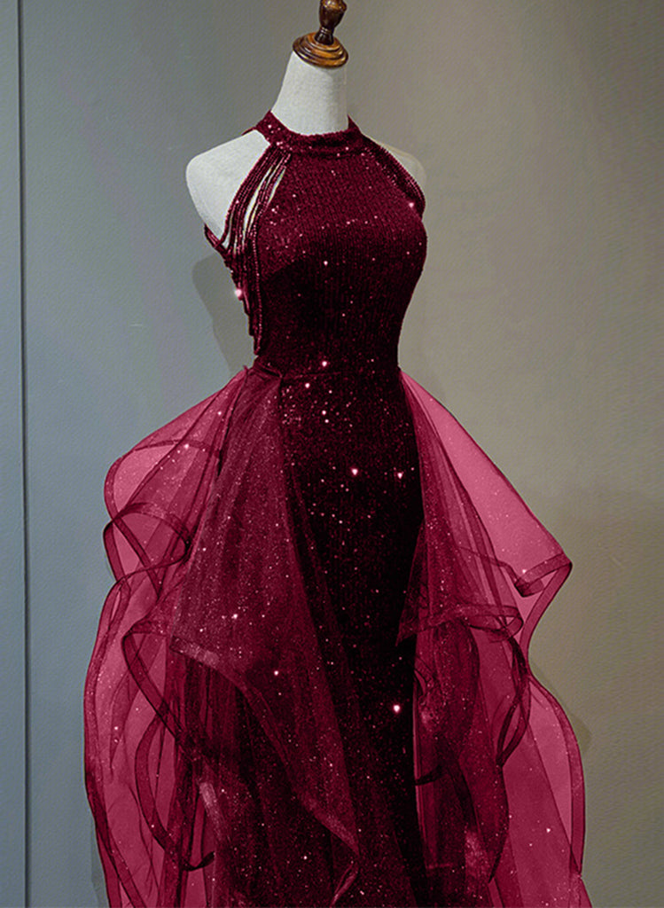 Wine Red Sequins with Tulle Long Party Dress, Wine Red Halter Evening