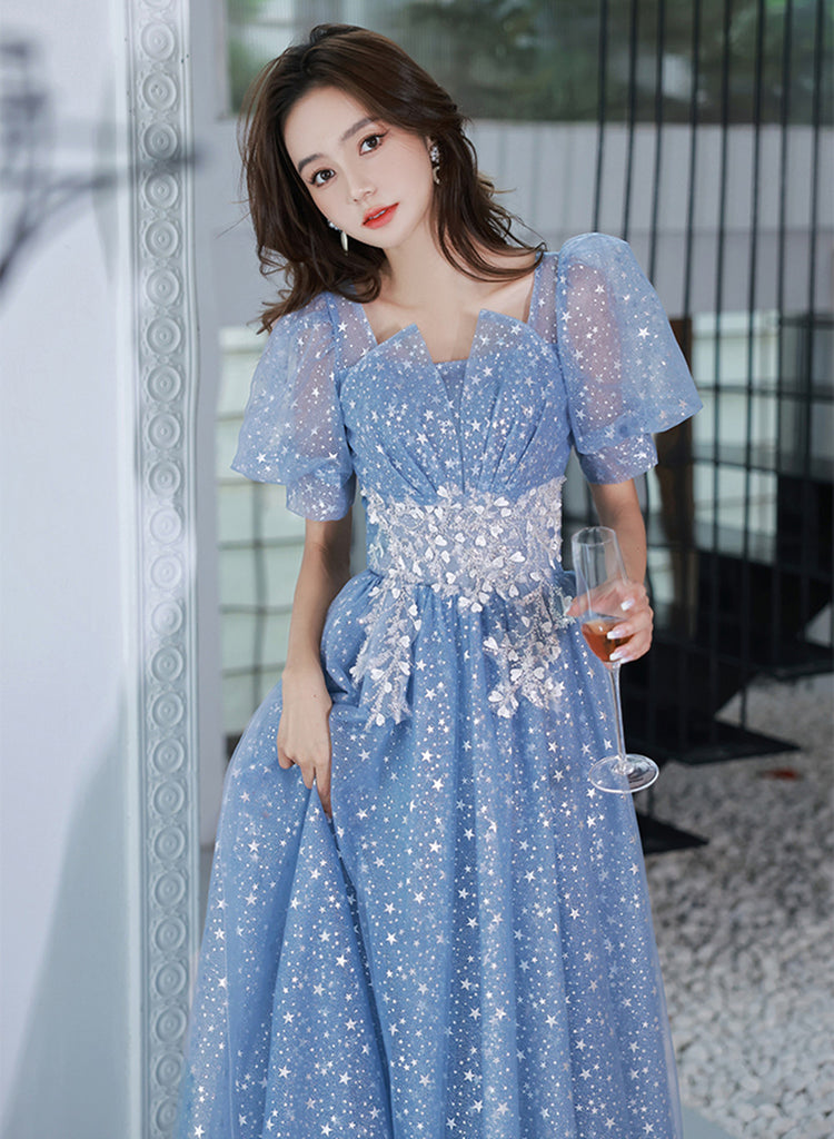 Light Blue Tulle A-line Floor Length Formal Dress, Light Blue Evening