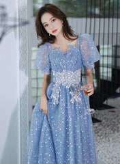 Light Blue Tulle A-line Floor Length Formal Dress, Light Blue Evening Dress Party Dress