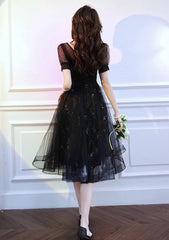 Lovely Black Tulle Short Sleeves A-line Homecoming Dress, Black Tulle Party Dress