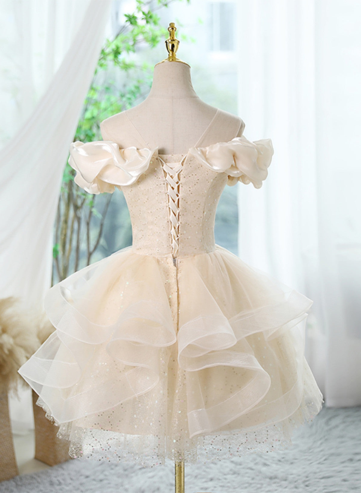 Cute Short Light Champagne Off Shoulder Homecoming Dress, Tulle Short Cutedressy Cute Short Light Champagne Off Shoulder Homecoming Dress, Tulle Short Cutedressy