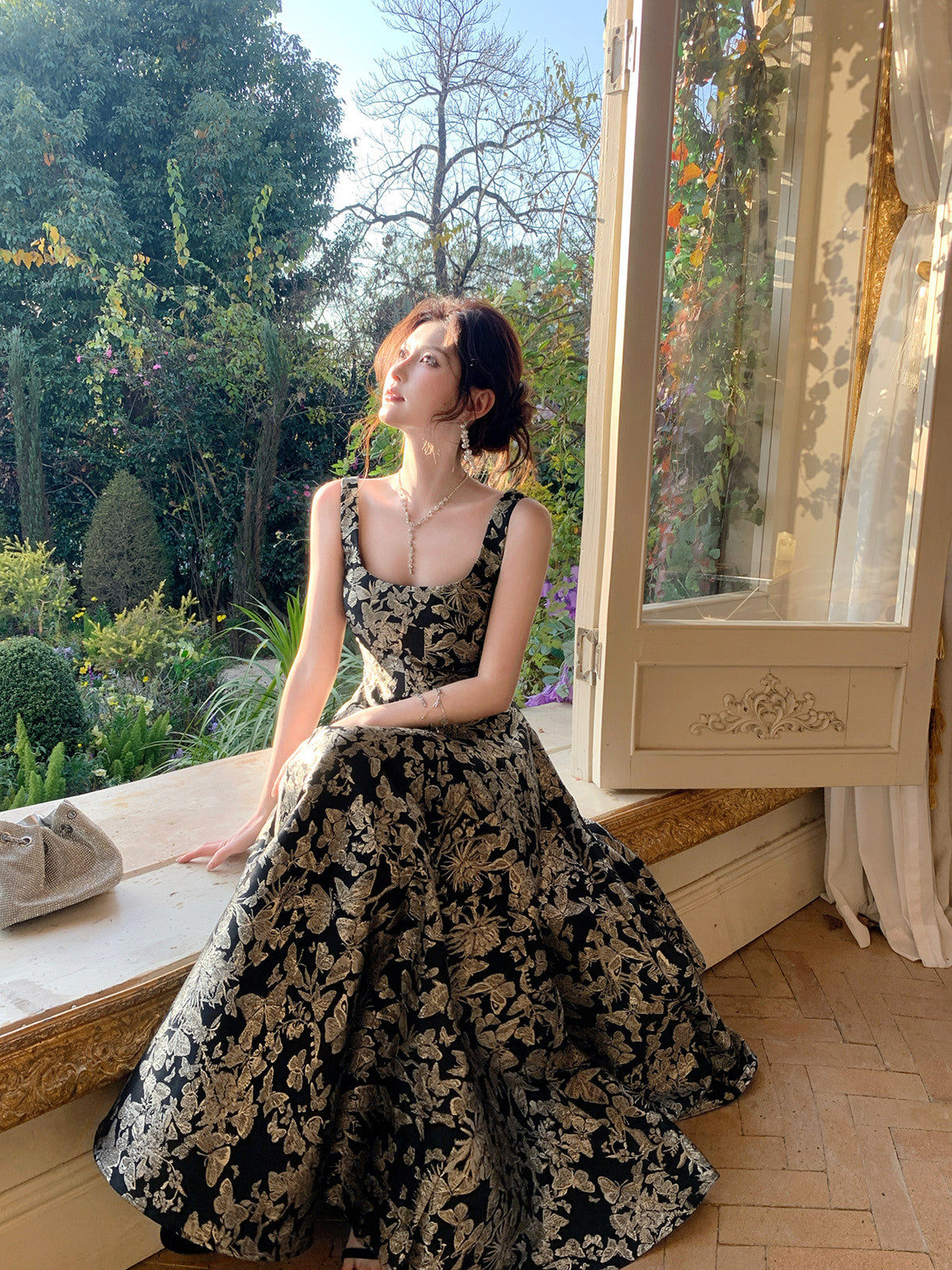 Black Floral A-Line Floor Length  Prom Dress, Black Scoop Neckline Long Party Dress
