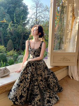 Black Floral A-Line Floor Length  Prom Dress, Black Scoop Neckline Long Party Dress