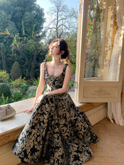 Black Floral A-Line Floor Length  Prom Dress, Black Scoop Neckline Long Party Dress