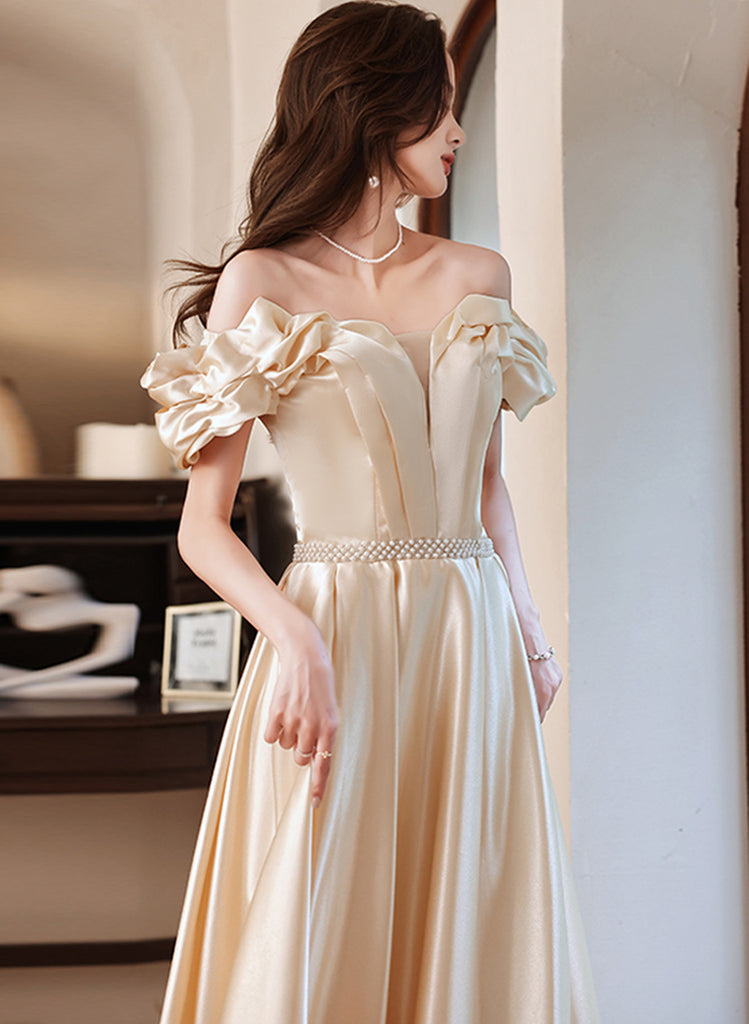 Light Champagne Satin Sweetheart Beaded Party Dress, A-line Satin Prom