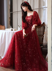 Wine Red Puffy Sleeves Sweetheart Party Dress,Wine Red Long Prom Dress