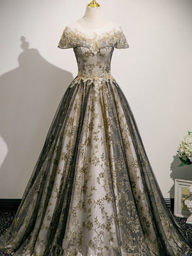 Lovely Round Neckline Floral Lace and Tulle Party Dress, Lace Applique Long Sweet 16 Dress