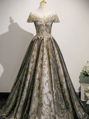 Lovely Round Neckline Floral Lace and Tulle Party Dress, Lace Applique Long Sweet 16 Dress