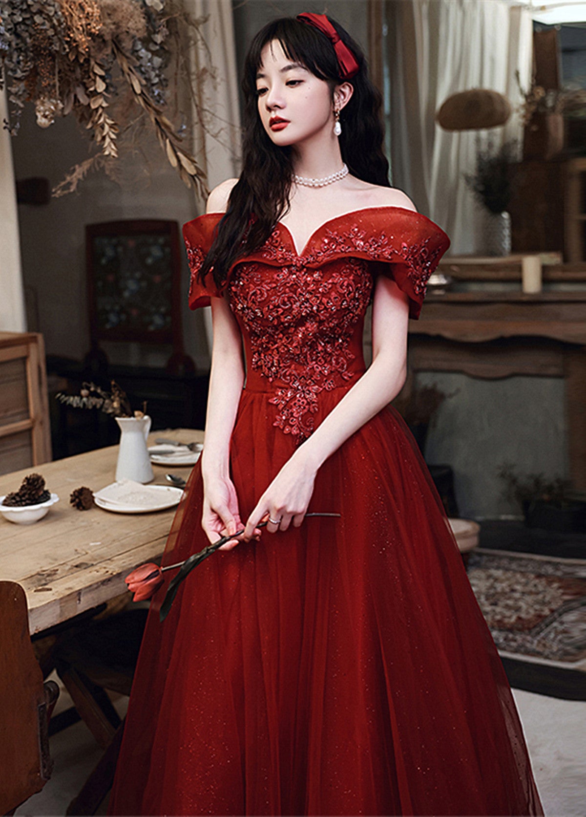 Wine Red Off Shoulder Tulle with Lace Long Party Dress, Wine Red Prom Dress